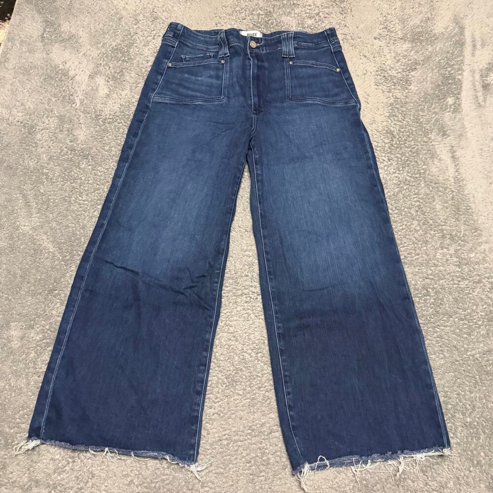 Paige Anessa High Rise Wide Leg Jeans Womens 32 (33x25) Blue Raw Hem Cropped
